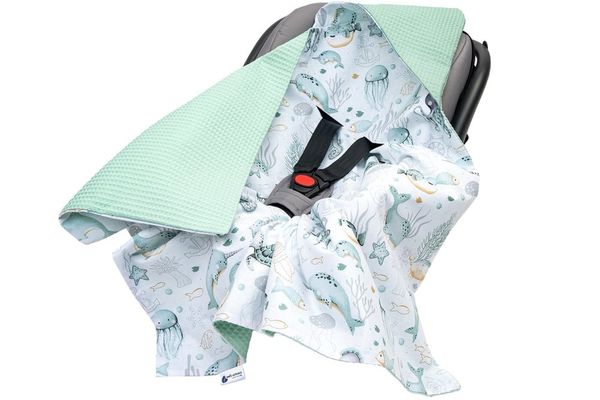 Medi Partners Medi Partners Baby carrier wrap – blanket with hood 85x85 cm – Waffle – Ocean + mint Waffle