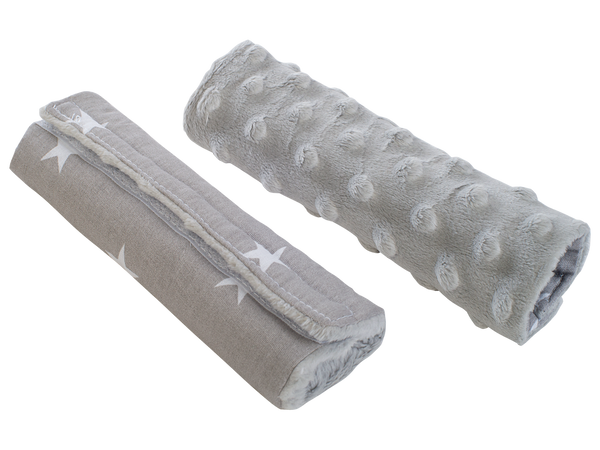 Medi Partners Medi Partners Stroller belt protectors (2 pcs.) cotton + minky – White stars on gray + gray minky
