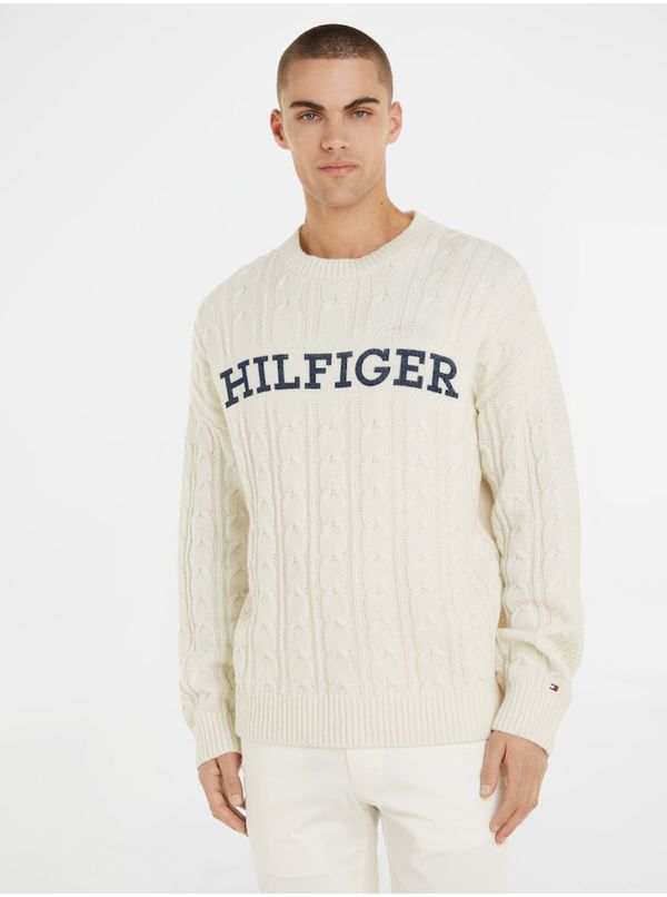 Tommy Hilfiger Men's Cream Wool Sweater Tommy Hilfiger Cable Monotype Crew Neck - Men's