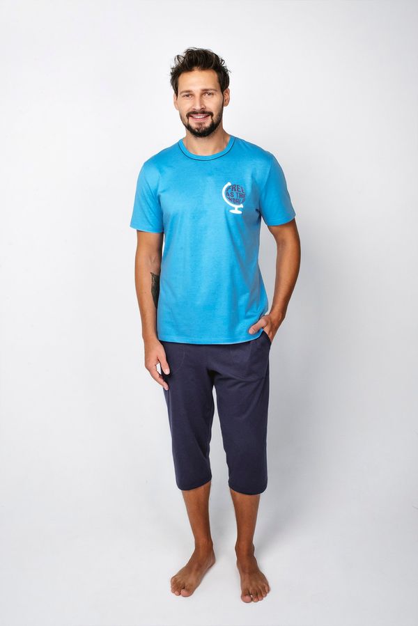 Italian Fashion Men's Pajamas Abril, Short Sleeves, 3/4 Pants - Blue/Navy Blue