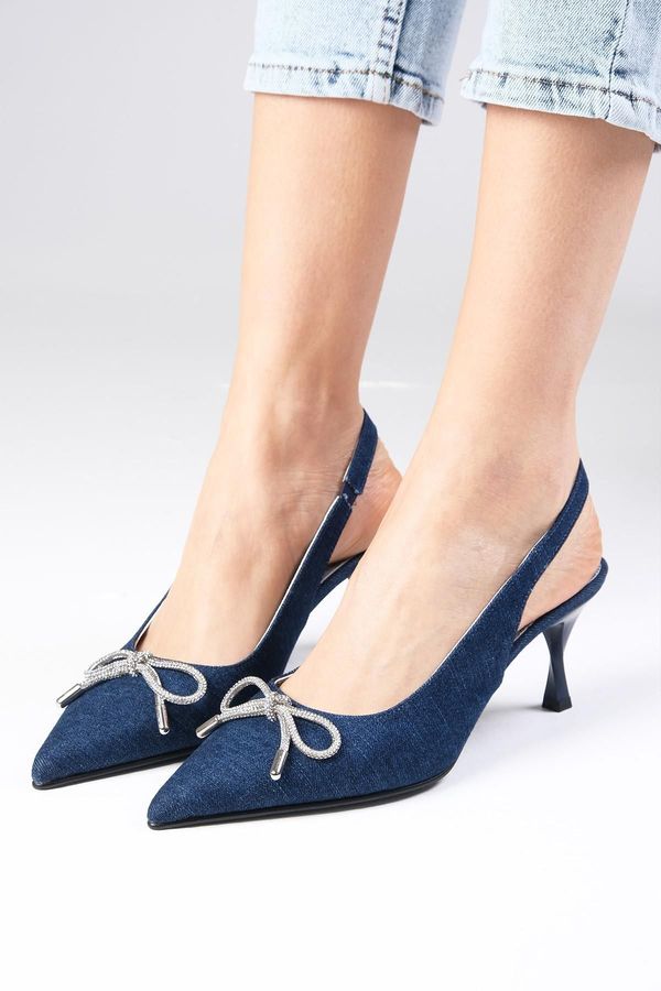 Mio Gusto Mio Gusto Alexis Navy Blue Color Denim Fabric Open Back Stone Bow Women Heeled Shoes