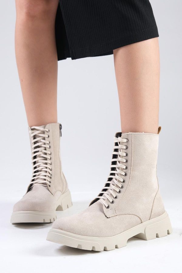 Mio Gusto Mio Gusto Alvina Beige Suede Laced and Zippered Thick Soled Women's Combat Boots