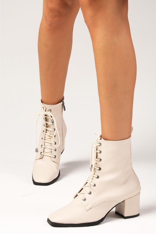 Mio Gusto Mio Gusto Bethany Beige Women's Heeled Boots with Zipper And Lace-Up on the Side. Flat Toe Women's Boots.