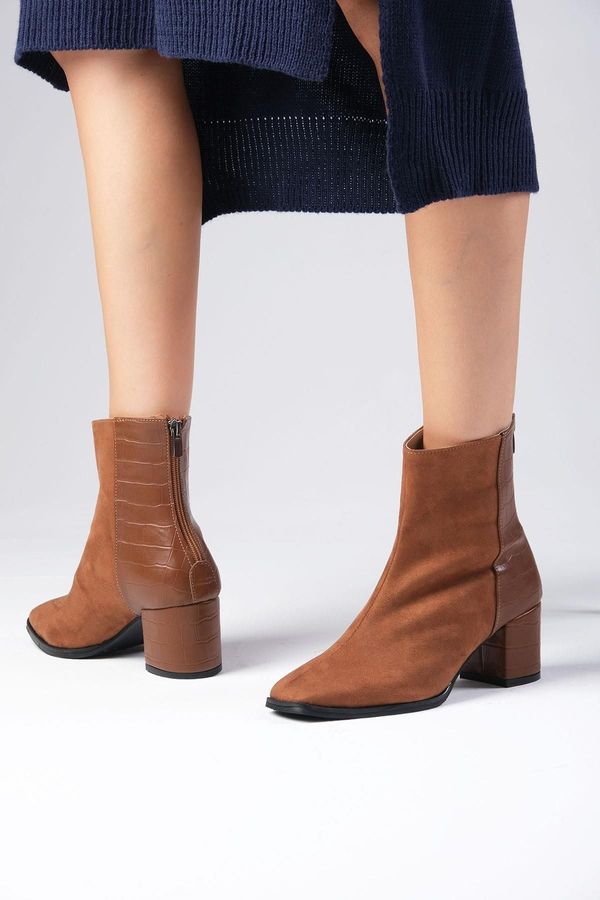 Mio Gusto Mio Gusto Bianca Brown Suede and Crocodile Pattern Combination Blunt Toe Women's Short Heeled Boots