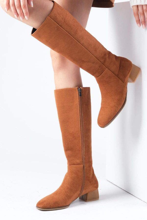 Mio Gusto Mio Gusto Briony Tan Suede Side Zipper, Thin Faux Für Lined Blunt Toe Women's High Heel Boots