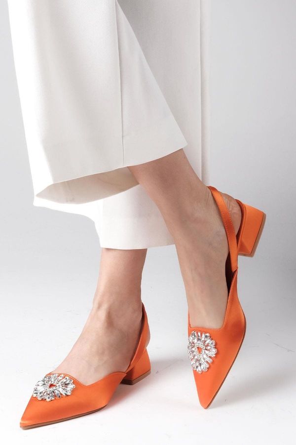 Mio Gusto Mio Gusto Claudia Orange Color Women's Short Heeled Shoes Open Back Satin Fabric With Crystal Stone Buckle.