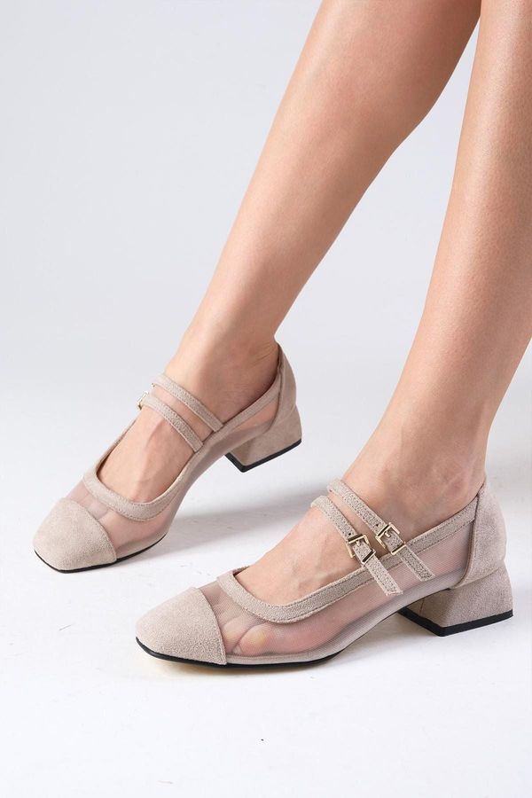 Mio Gusto Mio Gusto Isabel Beige Color Suede Blunt Toe Mesh Detailed Women's Short Heeled Shoes