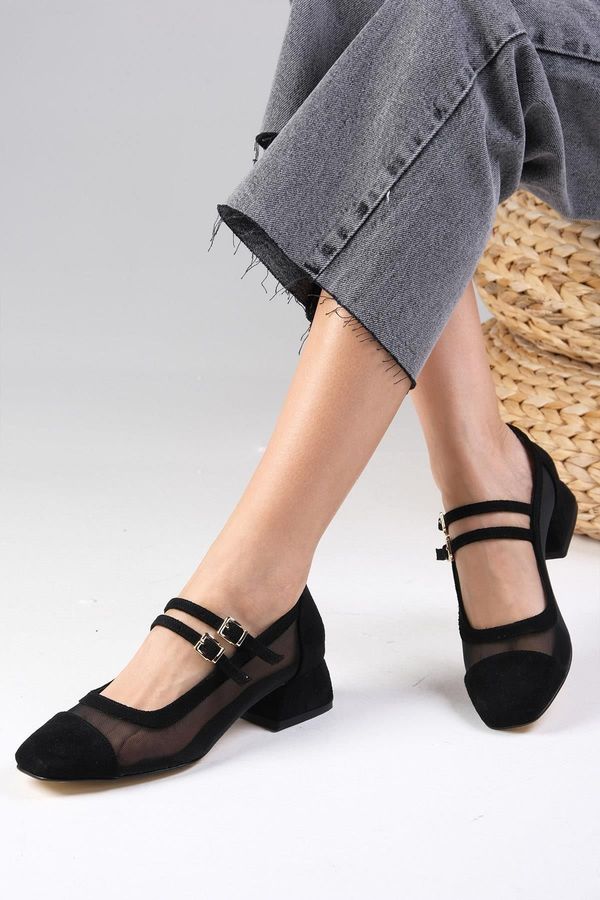 Mio Gusto Mio Gusto Isabel Black Color Suede Flat Toe Mesh Detailed Women's Short Heeled Shoes