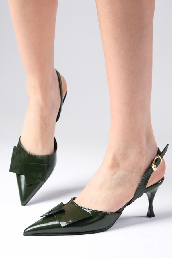 Mio Gusto Mio Gusto Josephine Genuine Patent Leather Oil Green Color Open Back Women's Heeled Shoes