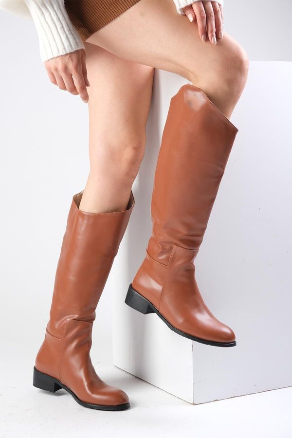 Mio Gusto Mio Gusto Krista Tan Color Zipperless Thin Fur Lined Women's Short Heeled Boots