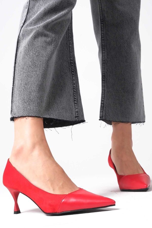 Mio Gusto Mio Gusto Lina Women's Red Color Suede And Leather Combination Heeled Shoes.