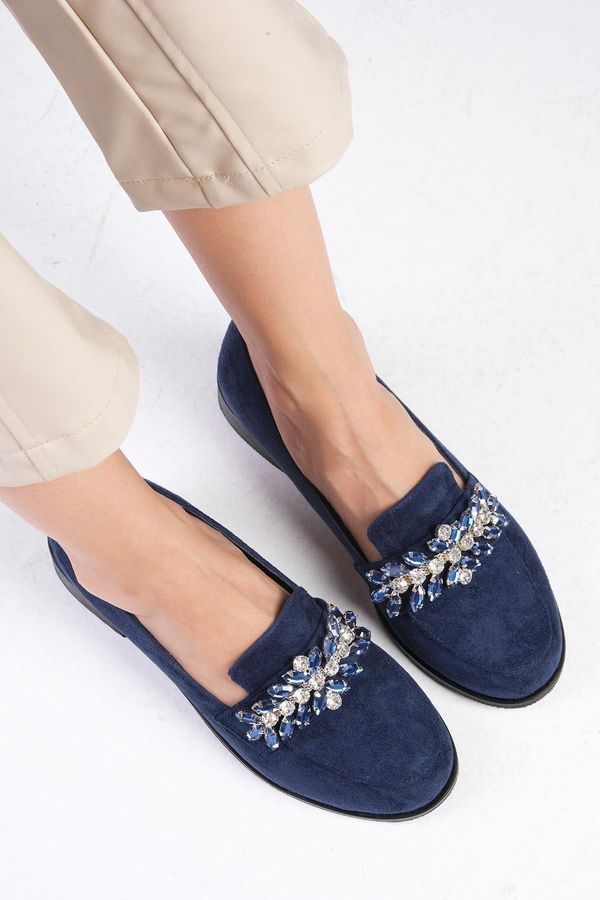 Mio Gusto Mio Gusto Matilda Women's Dark Blue Oxford Flat Shoes with Stones