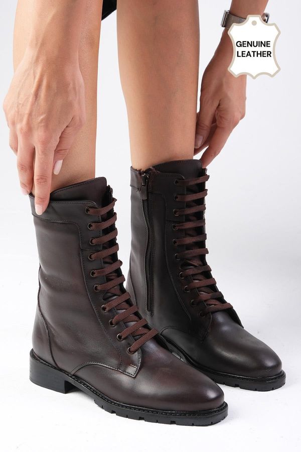 Mio Gusto Mio Gusto Solana Genuine Leather Brown Women's Combat Boots