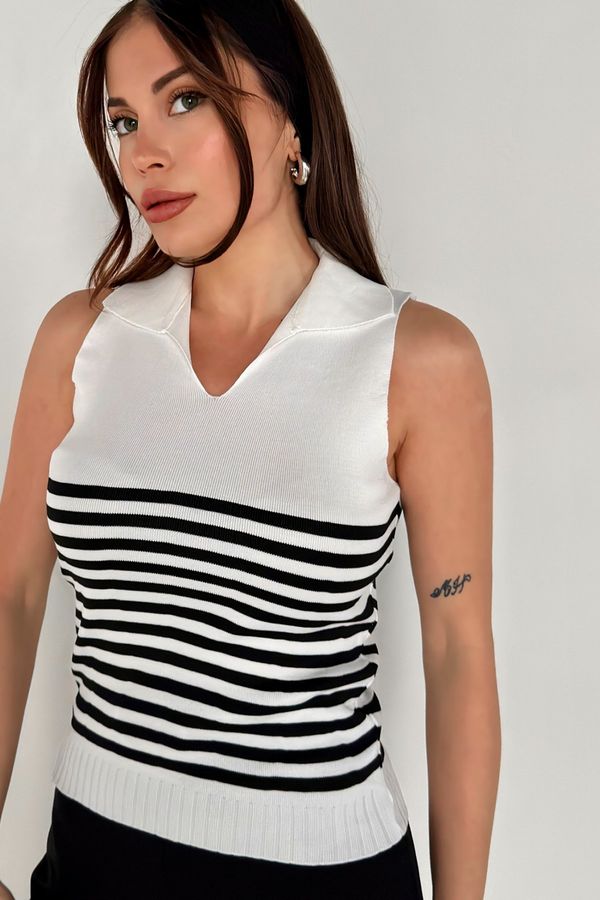MODAGEN MODAGEN Women's Polo Neck Sleeveless White Striped Knitwear