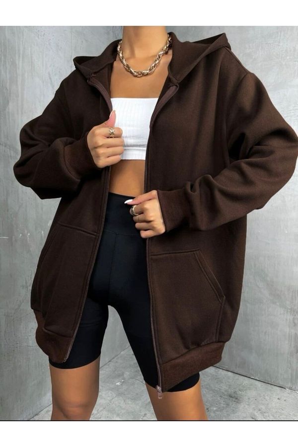 MOONBULL MOONBULL Brown Zipper Oversized Sweatshirt