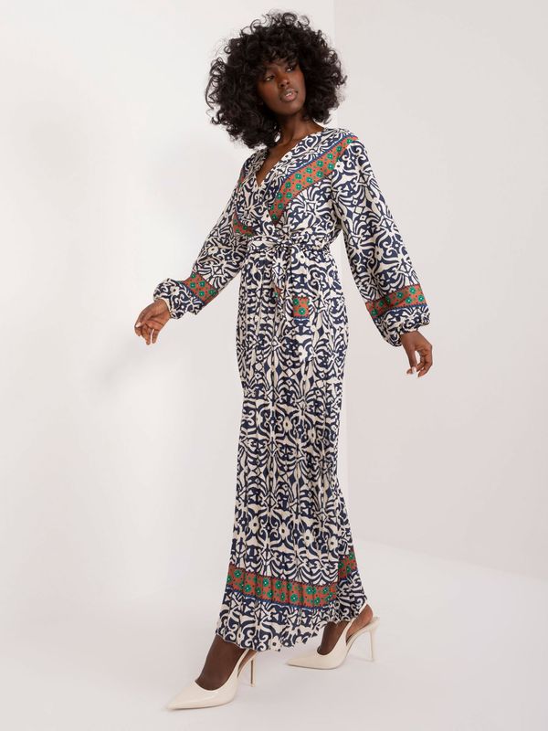 Fashionhunters Navy blue and beige long dress with patterns