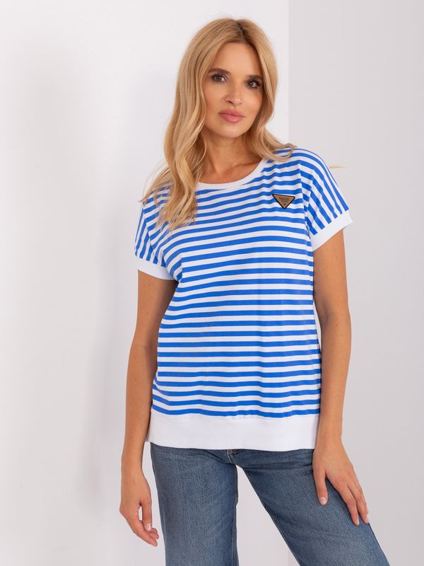Fashionhunters Navy blue and white striped blouse with short sleeves