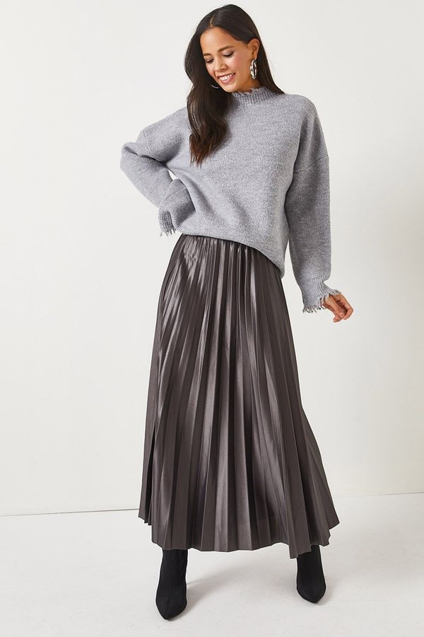 Olalook Olalook Anthracite Leather Look Pleat A-Line Skirt
