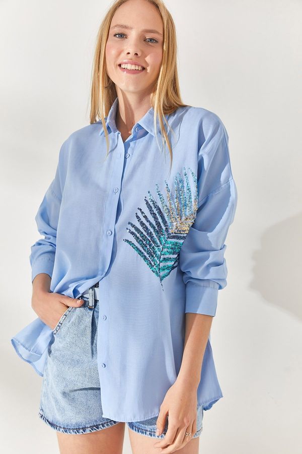 Olalook Olalook Bebe Blue Palm Sequin Detailed Oversized Woven Poplin Shirt
