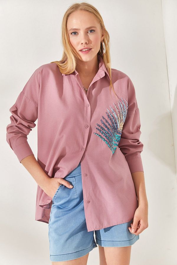 Olalook Olalook Dried Rose Palm Sequin Detailed Oversized Woven Poplin Shirt