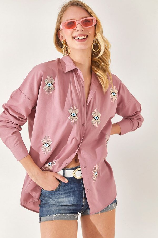 Olalook Olalook Dried Rose Sequin Detailed Woven Boyfriend Shirt