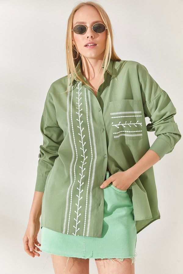 Olalook Olalook Mustard Green Pocket Detailed Printed Woven Shirt