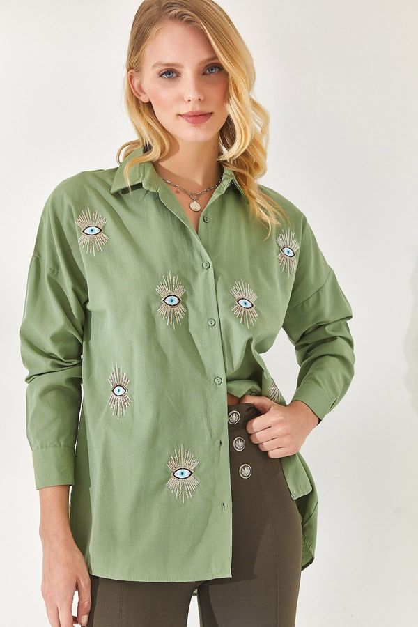 Olalook Olalook Mustard Green Sequin Detailed Woven Boyfriend Shirt