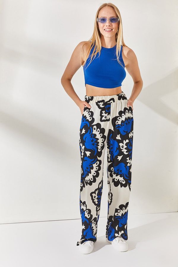 Olalook Olalook Saxon Blue Stone Waist Elastic Waist, Pocket Patterned Palazzo Pants