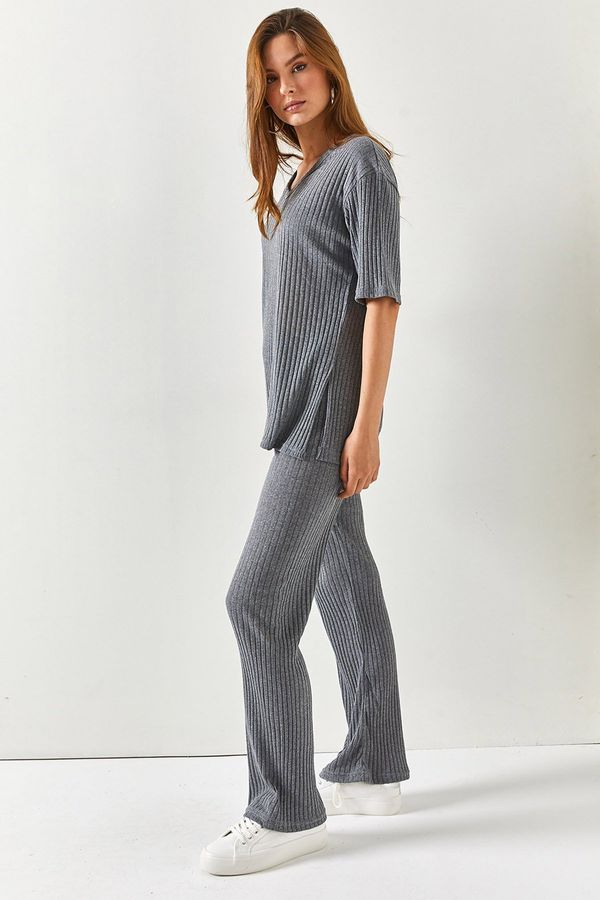 Olalook Olalook Women's Anthracite Top V-neck Bottom Palazzo Corduroy Suit