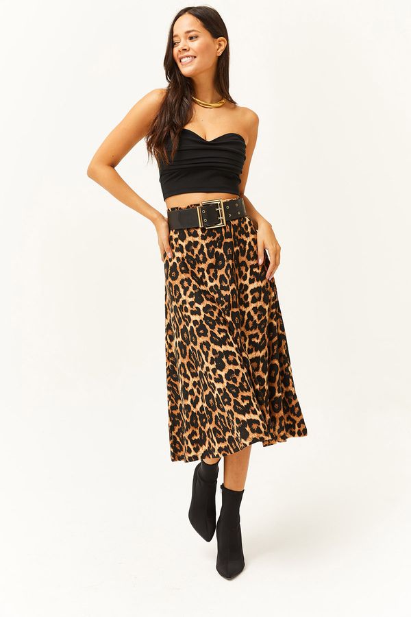 Olalook Olalook Women's Beige Leopard Elastic Waist Suede Textured A-Line Skirt