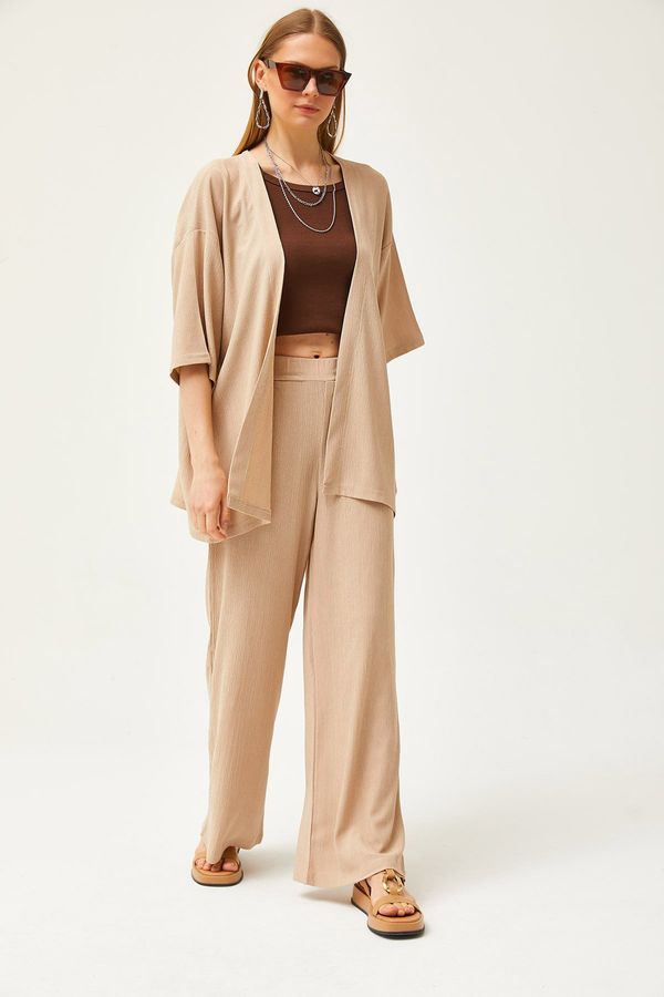 Olalook Olalook Women's Beige Top Kimono Bottom Pants Set