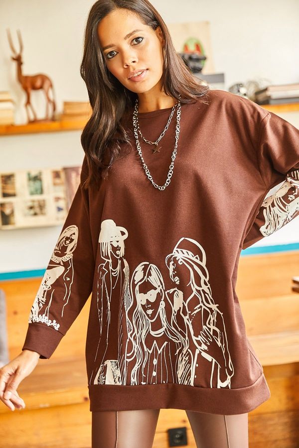 Olalook Olalook Women's Bitter Brown Figured Oversize Sweatshirt