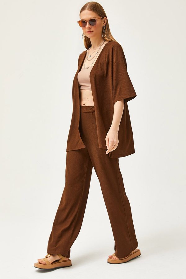 Olalook Olalook Women's Bitter Brown Top Kimono Bottom Pants Set