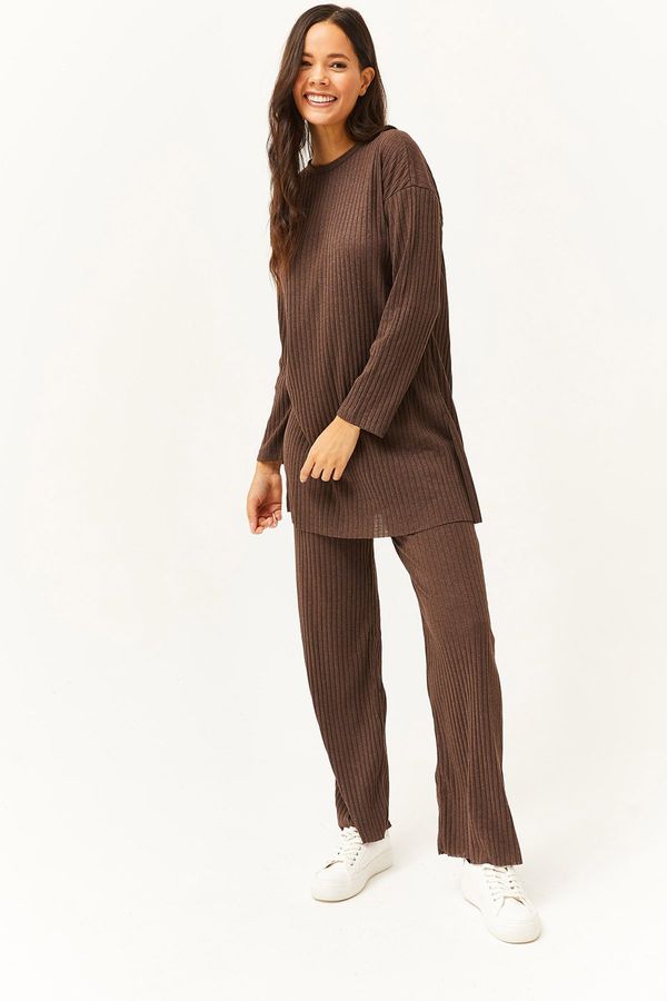 Olalook Olalook Women's Bitter Brown Top Slit Blouse Bottom Palazzo Corduroy Suit