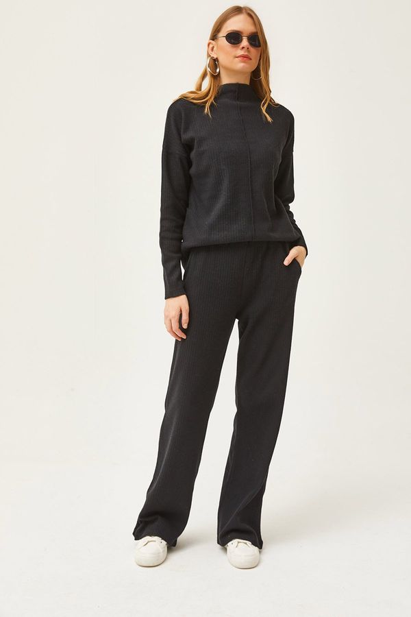 Olalook Olalook Women's Black Bottom Pocket Trousers Top High Collar Blouse Raised Suit