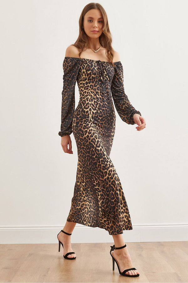 Olalook Olalook Women's Black Brown Lace Detailed Slit Maxi Leopard Dress