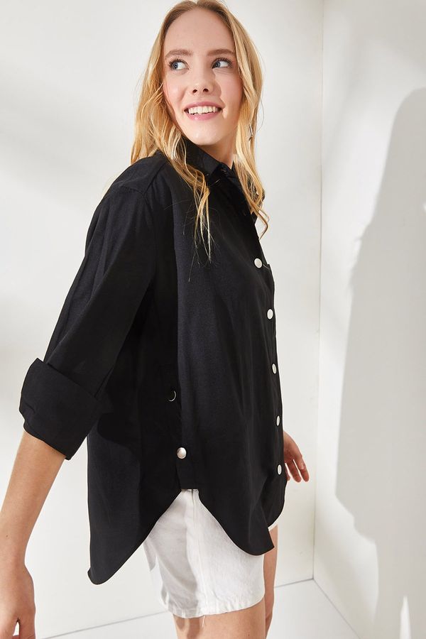 Olalook Olalook Women's Black Button Detailed Oversize Woven Shirt