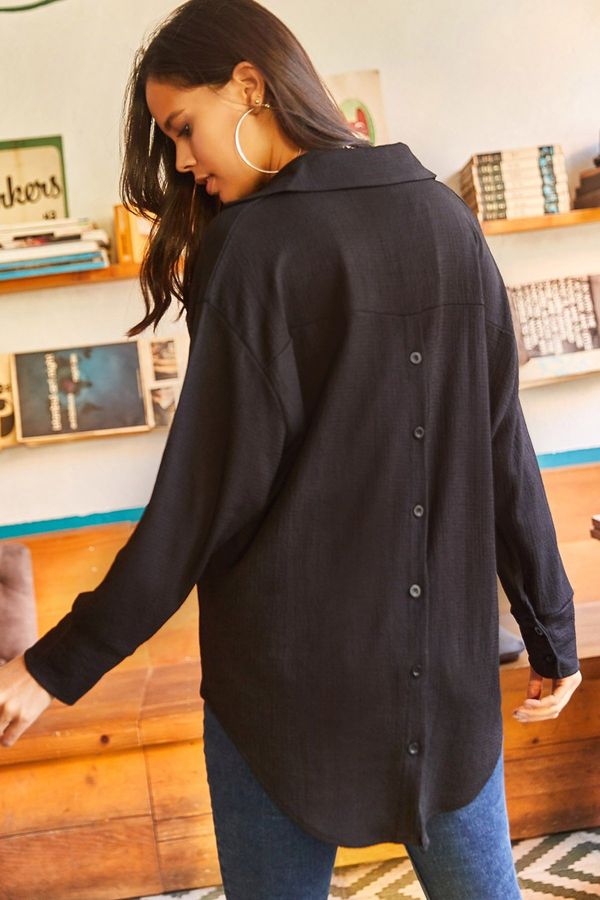 Olalook Olalook Women's Black Buttoned Back Long Textured Oversize Shirt