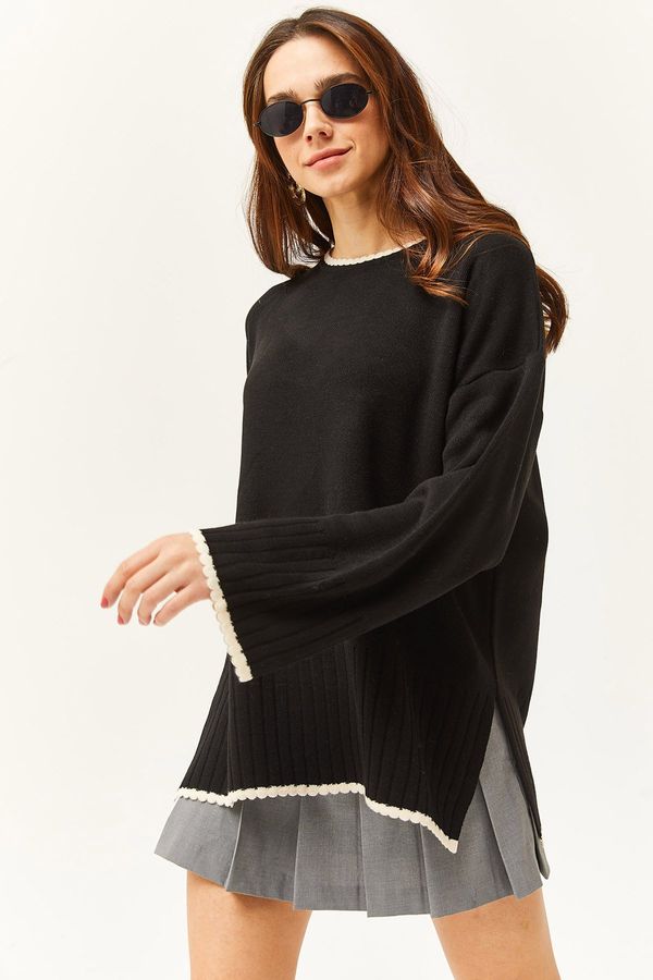 Olalook Olalook Women's Black Collar Skirt and Cuff Detailed Oversize Knitwear Sweater