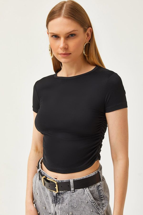 Olalook Olalook Women's Black Gathered Side Soft Button Crop T-Shirt