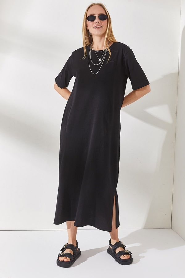 Olalook Olalook Women's Black Side Slit Oversize Cotton Dress