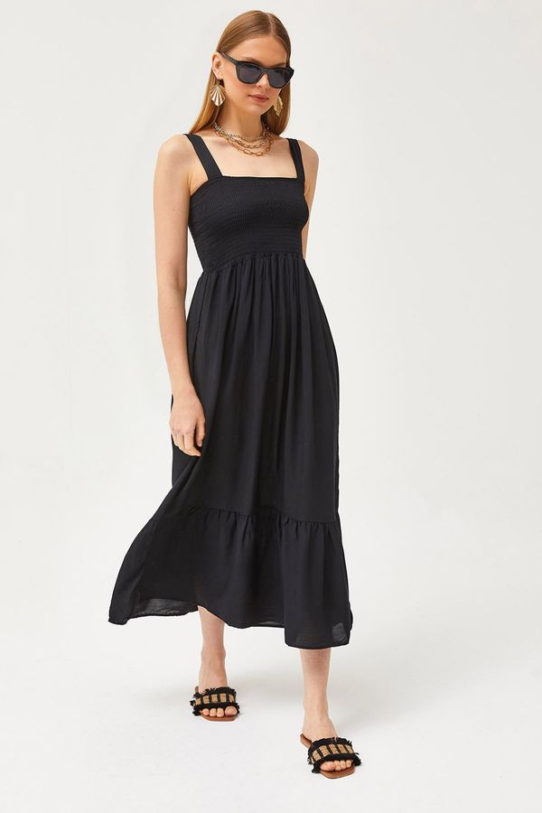 Olalook Olalook Women's Black Strap Midi Woven Viscose Dress