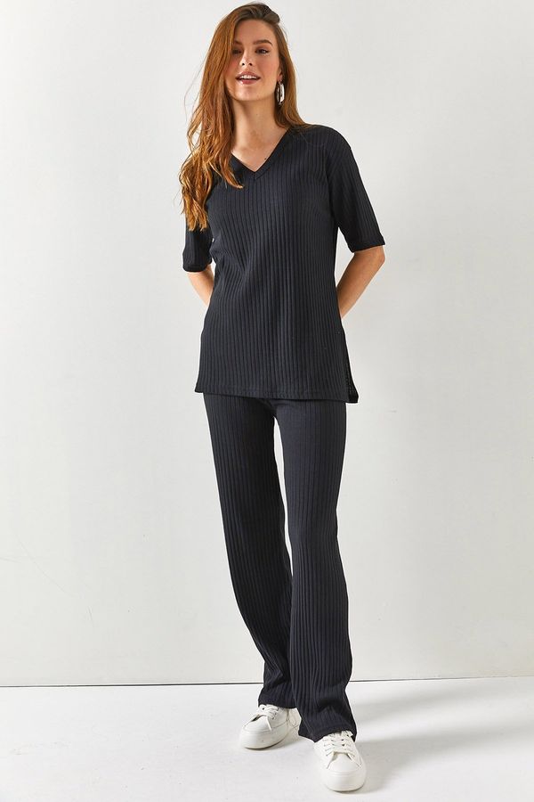 Olalook Olalook Women's Black Top V-neck Bottom Palazzo Corduroy Suit