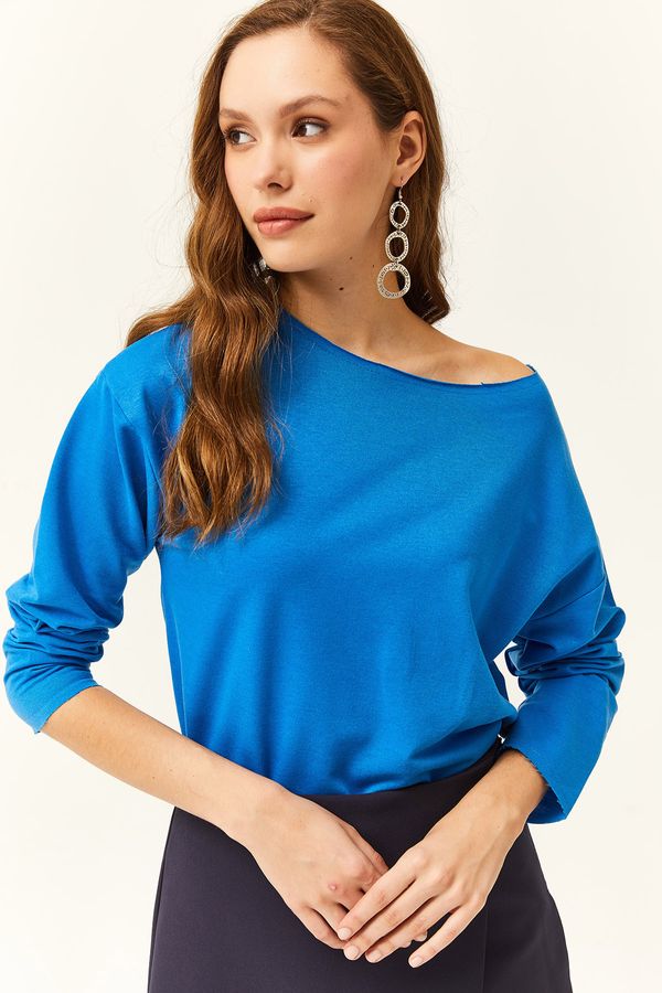 Olalook Olalook Women's Blue Dirty Collar Printed Soft Textured Thin Sweatshirt