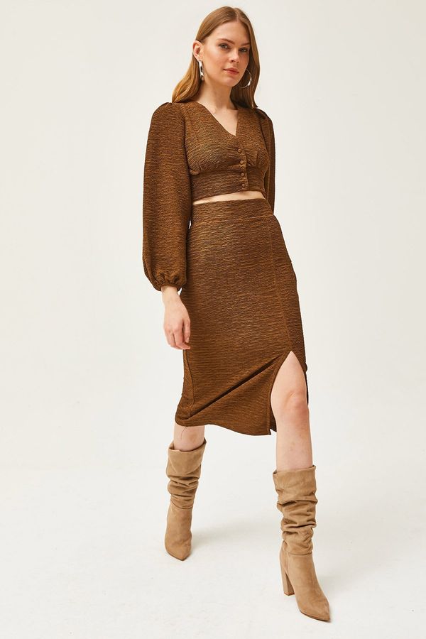 Olalook Olalook Women's Brown Slit Skirt Knitted Suit