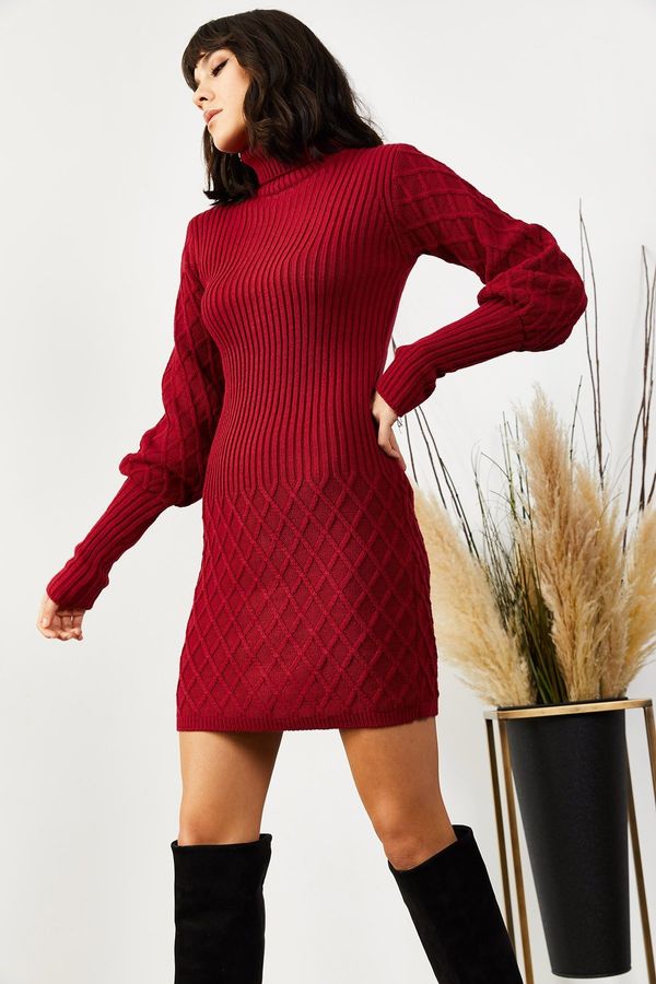 Olalook Olalook Women's Burgundy Sleeve and Skirt Textured Knitwear Dress