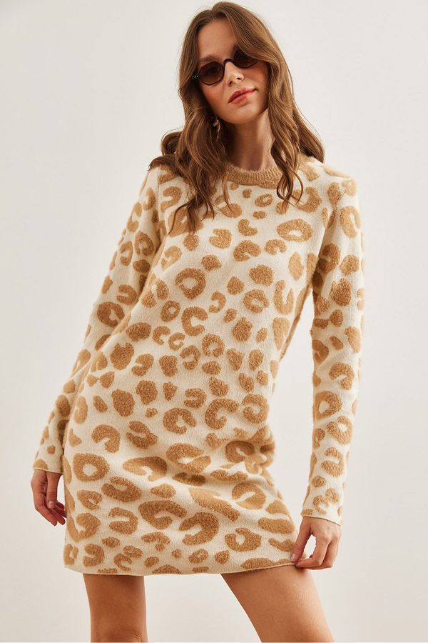 Olalook Olalook Women's Camel Leopard Patterned Bearded Soft Texture Knit Tunic Dress