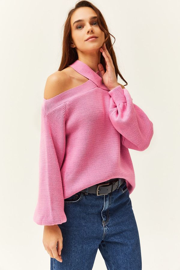 Olalook Olalook Women's Candy Pink Cross Neck Knitwear Sweater
