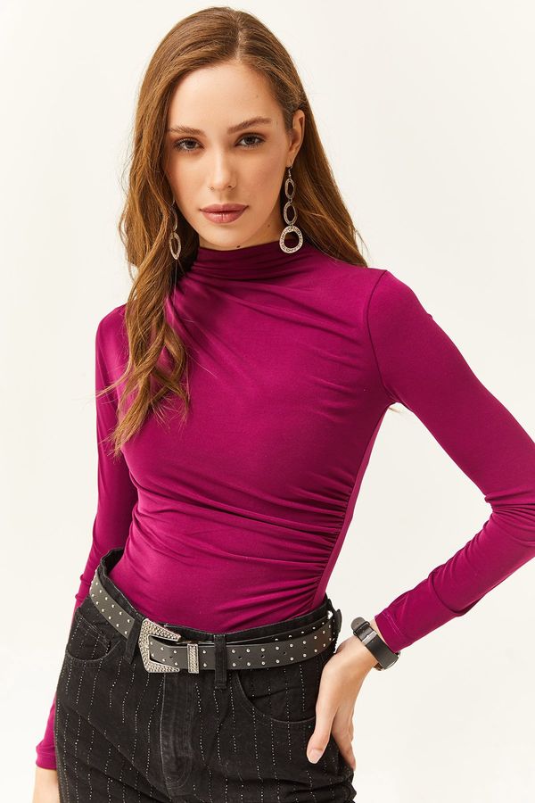 Olalook Olalook Women's Cherry Brown High Neck Gathered Detailed Lycra Blouse