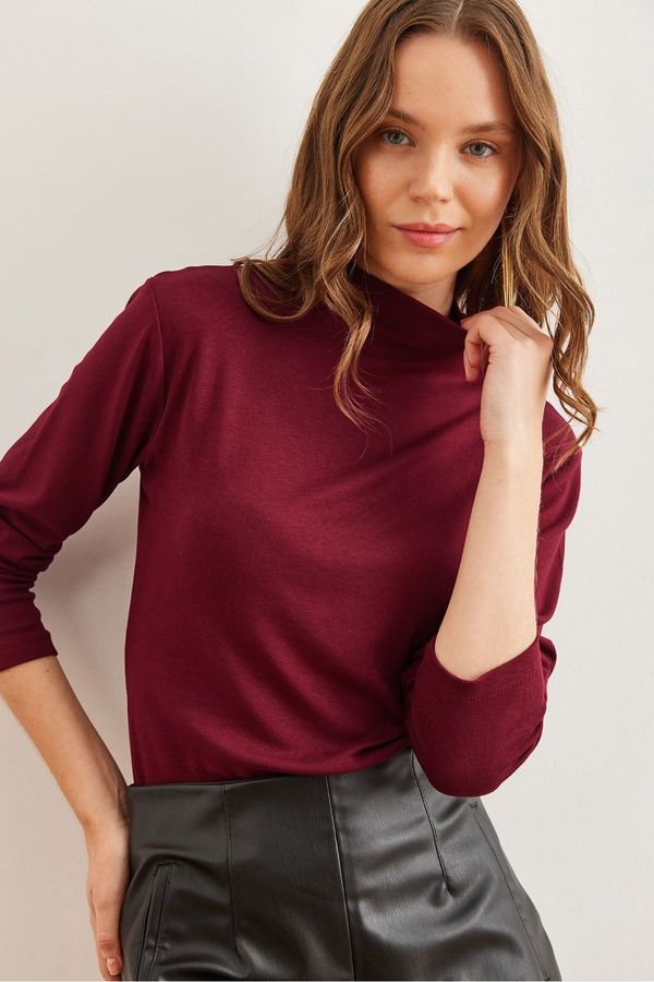 Olalook Olalook Women's Claret Red Stand Collar Flowy Soft Touch Blouse